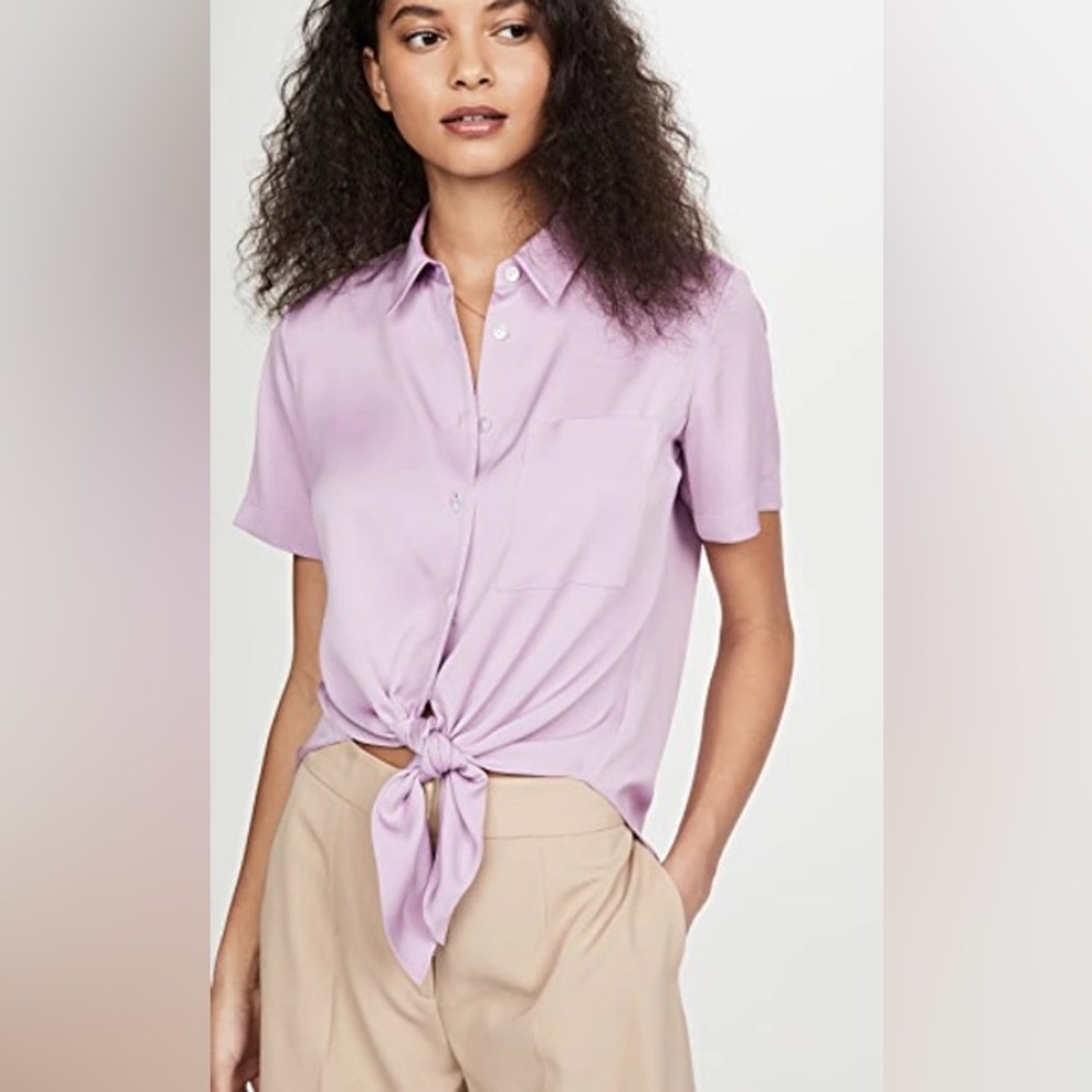 Theory Button Up Silk Short Sleeve Blouse in Bright Lilac